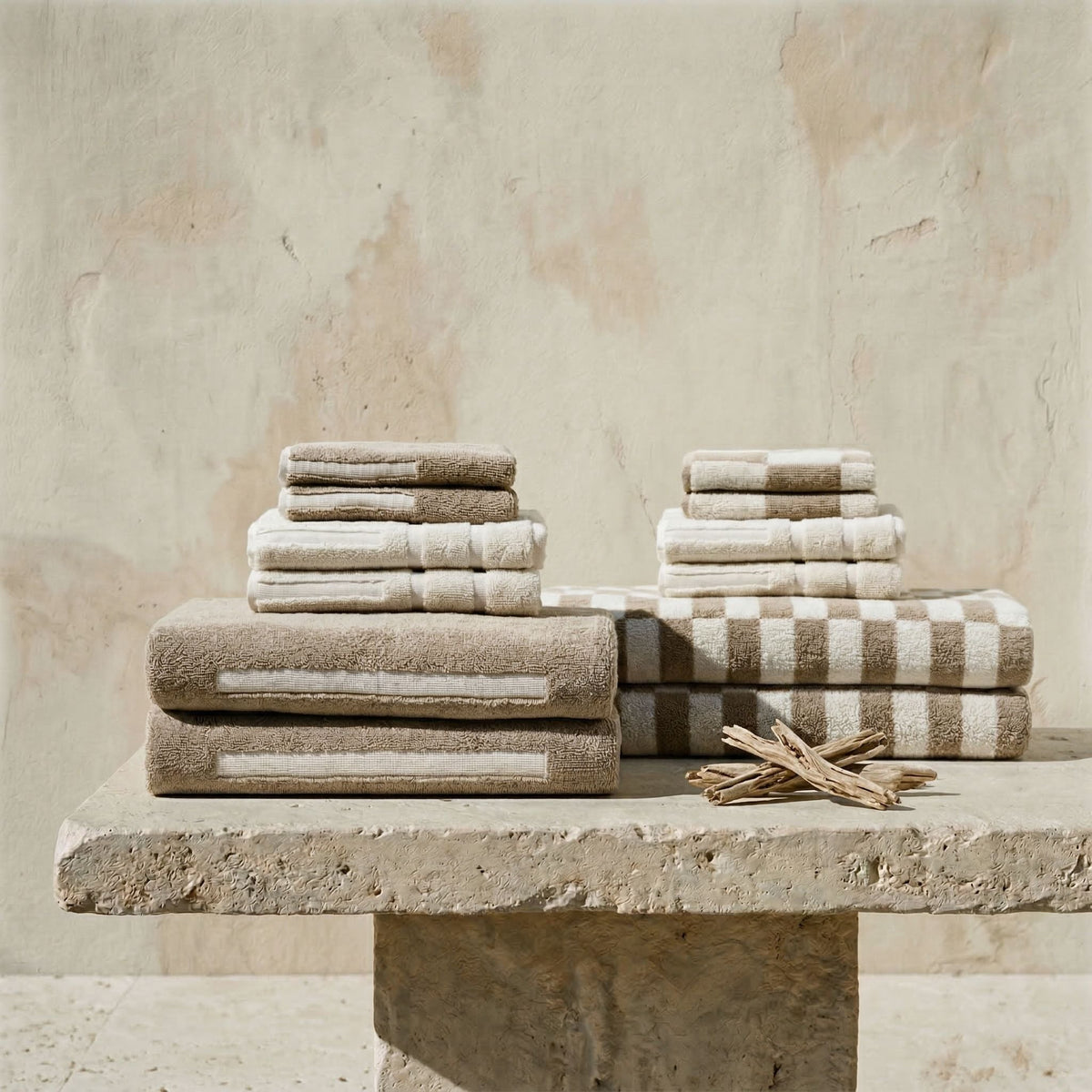 Checkered Cotton Towels — Tan &amp; Ecru