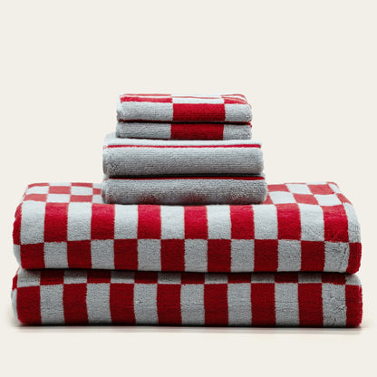 Checkered Cotton Towels — Tan &amp; Ecru