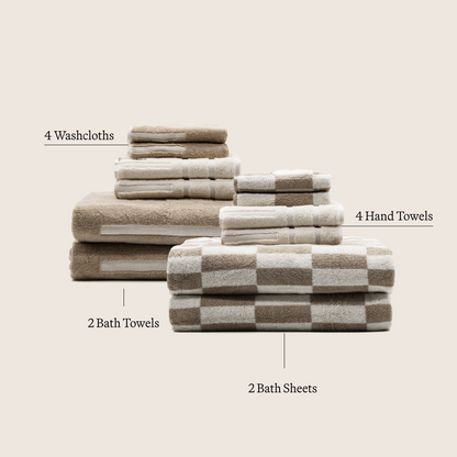 Checkered Cotton Towels — Tan &amp; Ecru