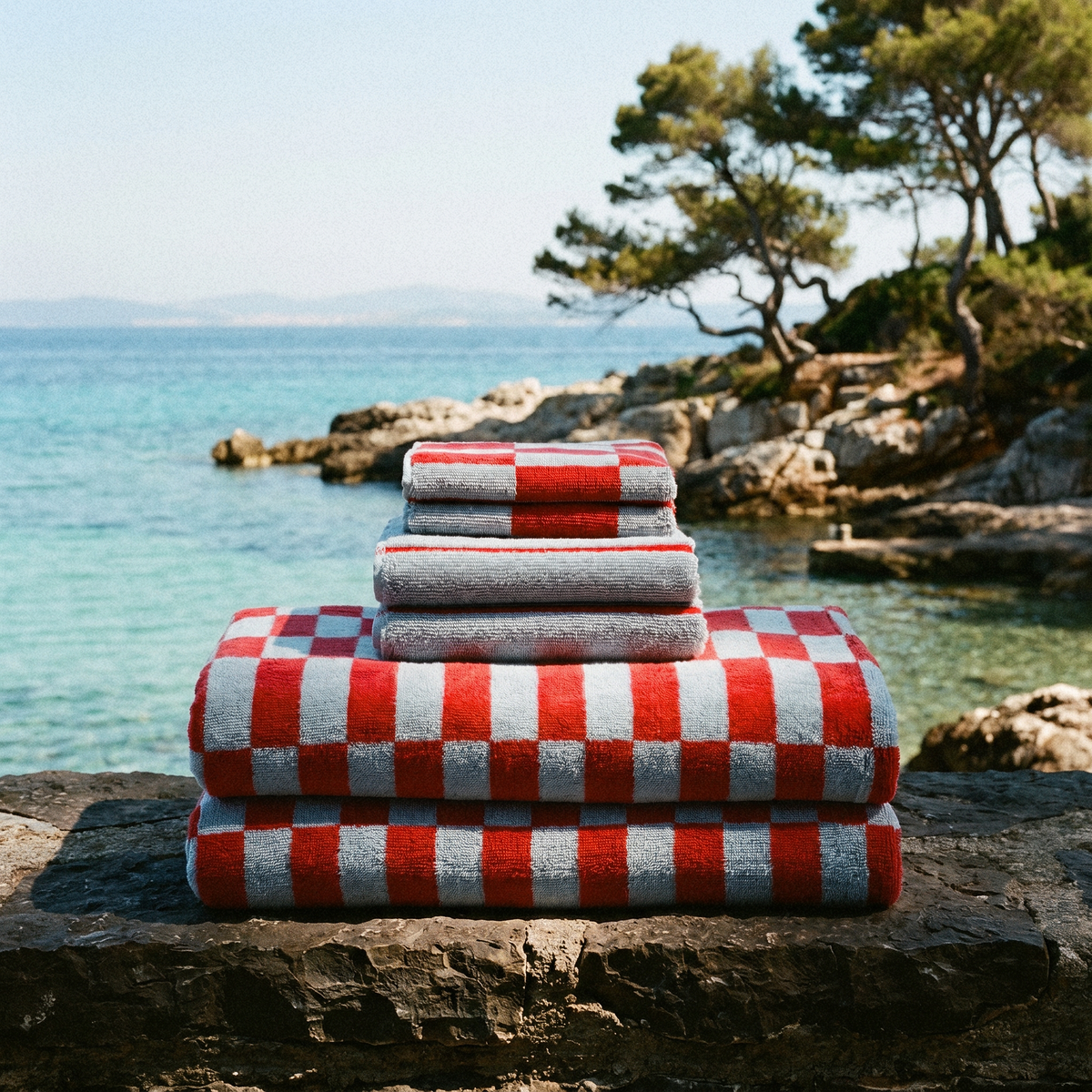 Checkered Cotton Towels — Tan &amp; Ecru