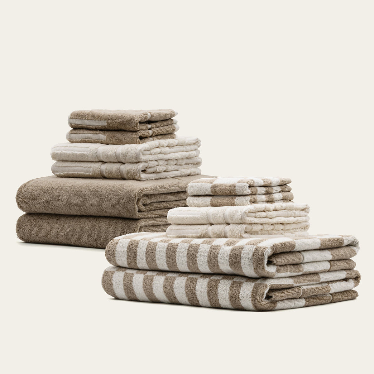 Checkered Cotton Towels — Tan &amp; Ecru