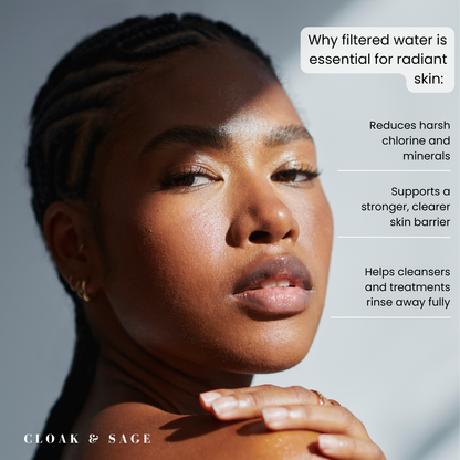 Woman with radiant glowing skin after using The Ritual™ filtered showerhead — why filtered water is essential for healthy skin