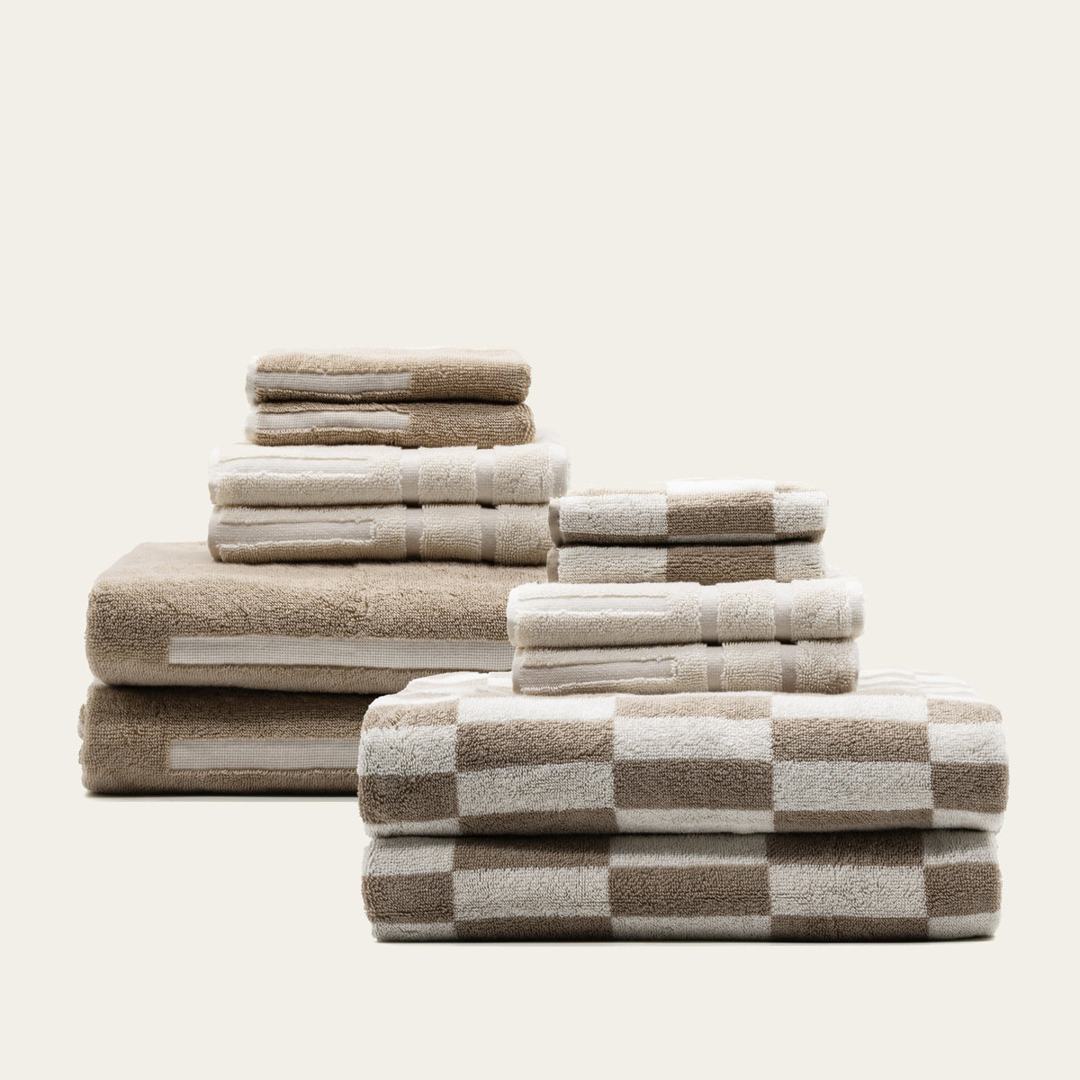 Checkered Cotton Towels — Tan &amp; Ecru
