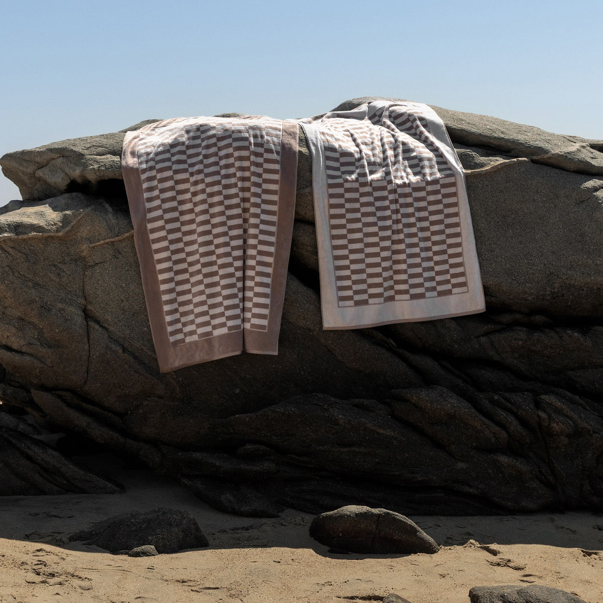 Checkered Cotton Towels — Tan &amp; Ecru
