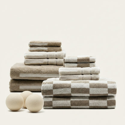 Checkered Cotton Towels — Tan &amp; Ecru