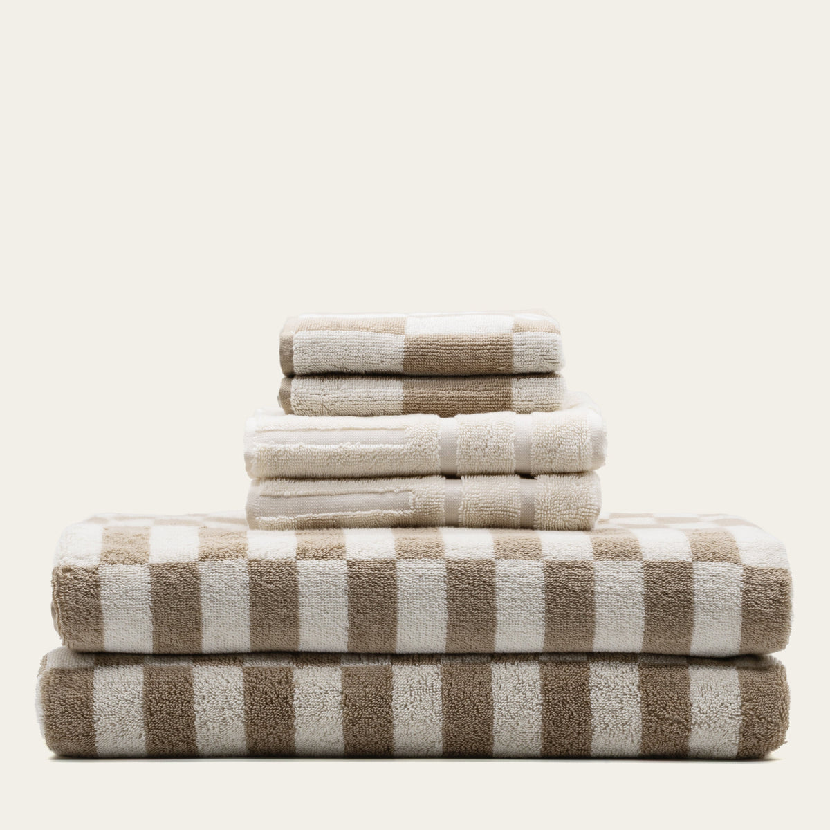 Checkered Cotton Towels — Tan &amp; Ecru