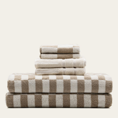 Checkered Cotton Towels — Tan &amp; Ecru