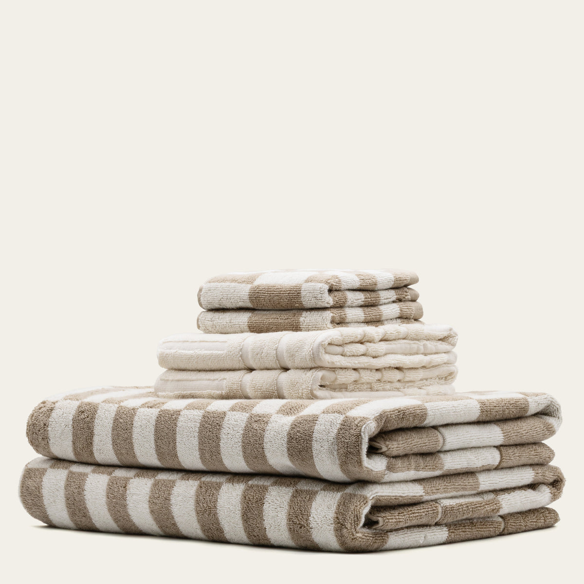 Checkered Cotton Towels — Tan &amp; Ecru