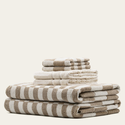 Checkered Cotton Towels — Tan &amp; Ecru